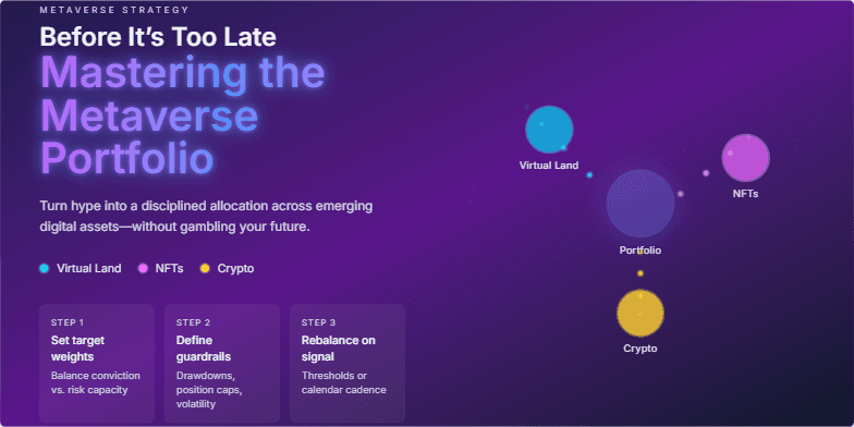 A futuristic slide visualizing a metaverse portfolio. A central node pulses, sending streams of light to represent diversification across virtual land (cyan), NFTs (fuchsia), and cryptocurrencies (amber).  The title 'Before It's Too Late: Mastering the Metaverse Portfolio' emphasizes the urgency and importance of strategic investment in the metaverse.