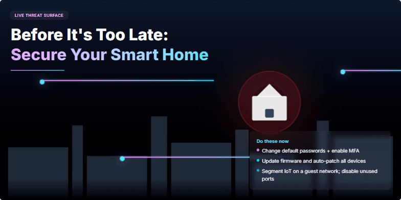 A dark cityscape backdrop with interconnected neon lines representing IoT devices. A spotlight focuses on a smart home icon pulsating with a red warning glow. Text reads: Before It's Too Late: Secure Your Smart Home.