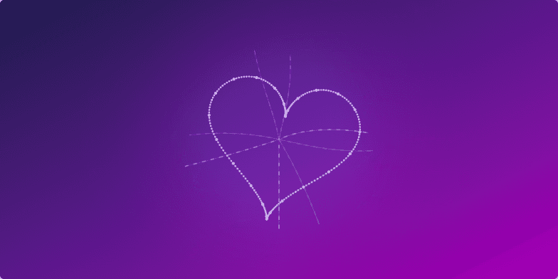 A futuristic title slide with a deep indigo and magenta gradient background. In the center, a holographic heart made of glowing data points rotates slowly. Luminous lines of code pulse outwards from the heart. The title 'Beyond Swiping' appears in the lower-left with a subtle glitch effect, creating a high-tech, intimate mood. Fragment #2