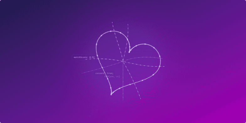 A futuristic title slide with a deep indigo and magenta gradient background. In the center, a holographic heart made of glowing data points rotates slowly. Luminous lines of code pulse outwards from the heart. The title 'Beyond Swiping' appears in the lower-left with a subtle glitch effect, creating a high-tech, intimate mood. Fragment #3