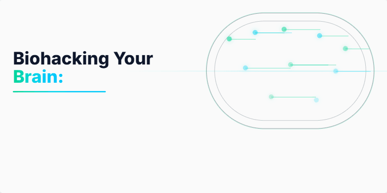 A dark, futuristic slide with a pulsating network of neon green and blue neurons, visualizing the concept of biohacking the brain for peak performance. The title 'Biohacking Your Brain: Peak Performance by 2030?' is displayed prominently, with supporting text highlighting key technologies like neurofeedback, nootropics, and neural interfaces. Fragment #2