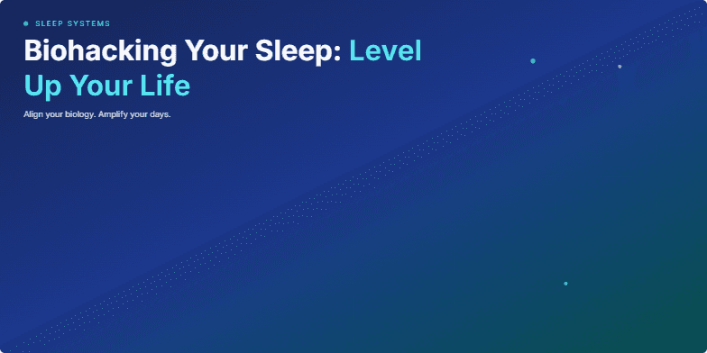 A futuristic slide visualizing biohacking sleep. It features a circadian rhythm chart, personalized biofeedback meters, and sleep architecture diagram, all rendered in a sleek, dark-themed UI with teal and blue accents. Fragment #1