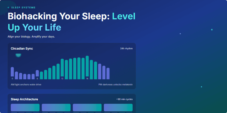A futuristic slide visualizing biohacking sleep. It features a circadian rhythm chart, personalized biofeedback meters, and sleep architecture diagram, all rendered in a sleek, dark-themed UI with teal and blue accents. Fragment #2