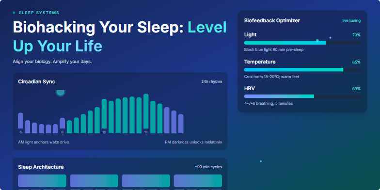 A futuristic slide visualizing biohacking sleep. It features a circadian rhythm chart, personalized biofeedback meters, and sleep architecture diagram, all rendered in a sleek, dark-themed UI with teal and blue accents. Fragment #3