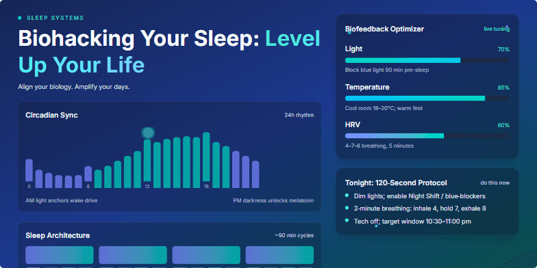 A futuristic slide visualizing biohacking sleep. It features a circadian rhythm chart, personalized biofeedback meters, and sleep architecture diagram, all rendered in a sleek, dark-themed UI with teal and blue accents.
