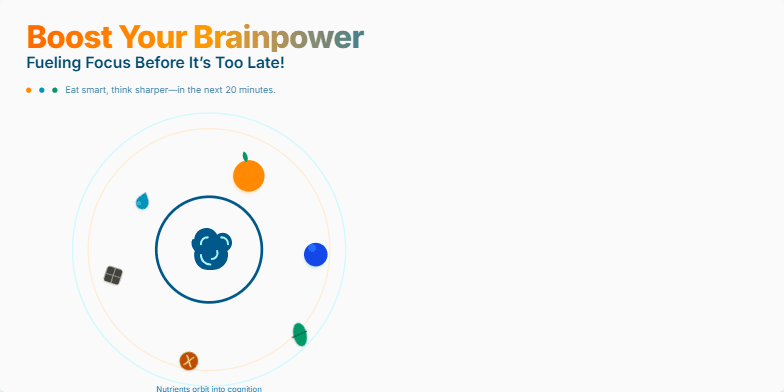 A vibrant slide showcasing a central brain icon surrounded by orbiting fruits and vegetables, symbolizing nutrients enhancing cognitive function. Hovering over each food item reveals its specific brain-boosting benefits. Fragment #1