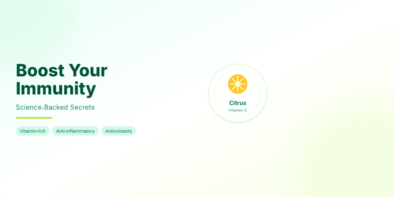 A slide promoting immune-boosting foods with vibrant green and white visuals.  Ginger, turmeric, and citrus icons pulsate with light, highlighting their health benefits. Fragment #2