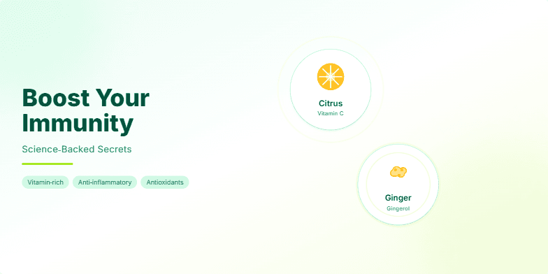A slide promoting immune-boosting foods with vibrant green and white visuals.  Ginger, turmeric, and citrus icons pulsate with light, highlighting their health benefits. Fragment #3