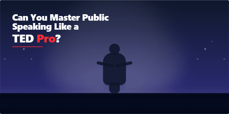 A silhouette of a speaker stands in a spotlight on a dark blue stage, with the title 'Can You Master Public Speaking Like a TED Pro?' above. Fragment #2