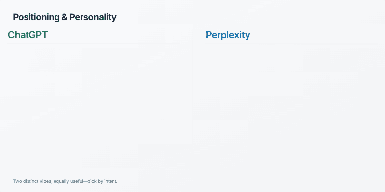 Slide comparing ChatGPT and Perplexity, highlighting their personalities and use cases. ChatGPT is described as conversational, versatile, and long-form capable, while Perplexity is described as search-oriented, concise, and source-forward. Fragment #1