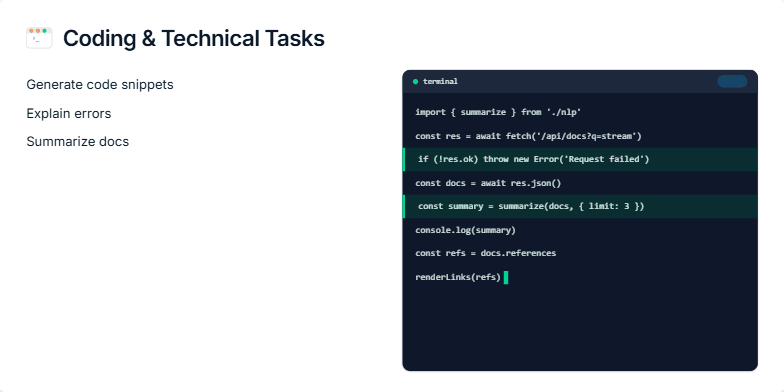 Slide displaying code snippet examples and highlighting the use of AI assistants for coding tasks like code generation, error explanation, and documentation summarization. Fragment #4