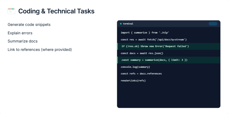 Slide displaying code snippet examples and highlighting the use of AI assistants for coding tasks like code generation, error explanation, and documentation summarization. Fragment #5