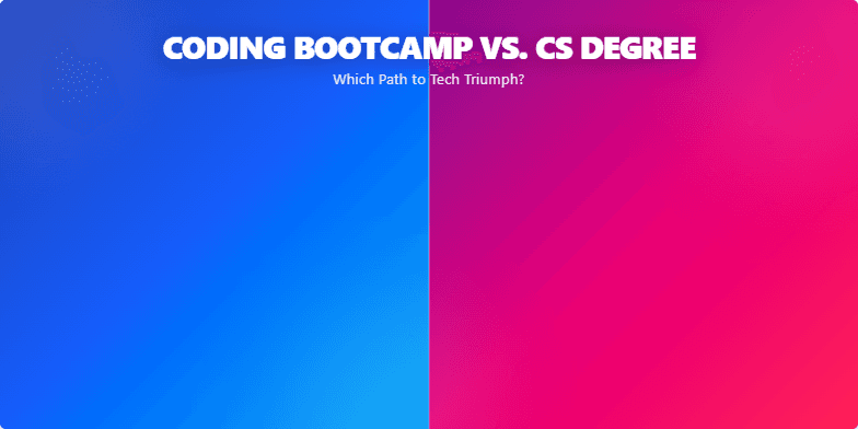 A split-screen graphic comparing coding bootcamps and computer science degrees. The left side, in blue, represents bootcamps, highlighting their fast-paced, hands-on approach. The right side, in pink, represents CS degrees, emphasizing their focus on theoretical foundations.  The title asks, 'Coding Bootcamp vs. CS Degree: Which Path to Tech Triumph?' Fragment #1
