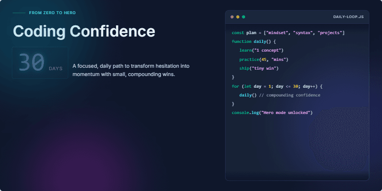A dark-themed slide with neon-highlighted code, a futuristic title 'Coding Confidence in 30 Days: From Zero to Hero,' and a digital countdown timer emphasizing the 30-day challenge. Fragment #3