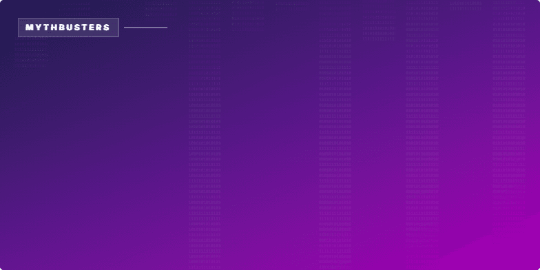 Slide with a futuristic blue and purple gradient background, a glitching 'Mythbusters' logo, and raining binary code. The title text reads 'Coding Mythbusters: In 2025, Anyone Can Code.' Fragment #1
