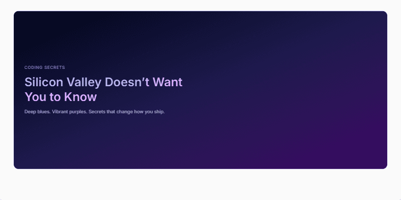 A dark-themed slide with neon code snippets showcasing coding secrets. The title 'Coding Secrets Silicon Valley Doesn't Want You to Know' is displayed in a vibrant gradient. Three secrets are highlighted with bullet points and animated code examples, creating a dynamic and engaging visual experience. Fragment #1
