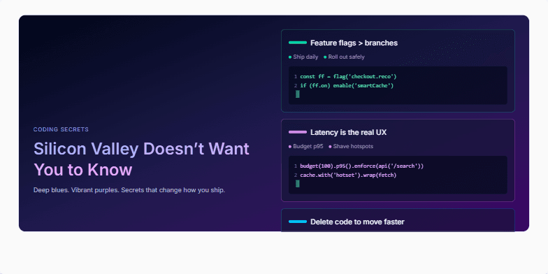 A dark-themed slide with neon code snippets showcasing coding secrets. The title 'Coding Secrets Silicon Valley Doesn't Want You to Know' is displayed in a vibrant gradient. Three secrets are highlighted with bullet points and animated code examples, creating a dynamic and engaging visual experience. Fragment #2