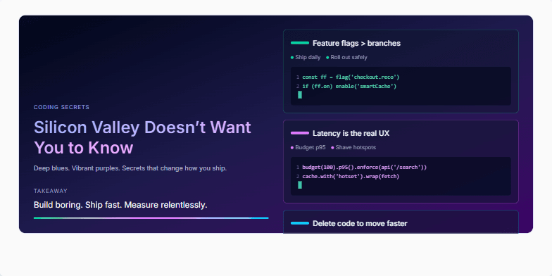 A dark-themed slide with neon code snippets showcasing coding secrets. The title 'Coding Secrets Silicon Valley Doesn't Want You to Know' is displayed in a vibrant gradient. Three secrets are highlighted with bullet points and animated code examples, creating a dynamic and engaging visual experience.