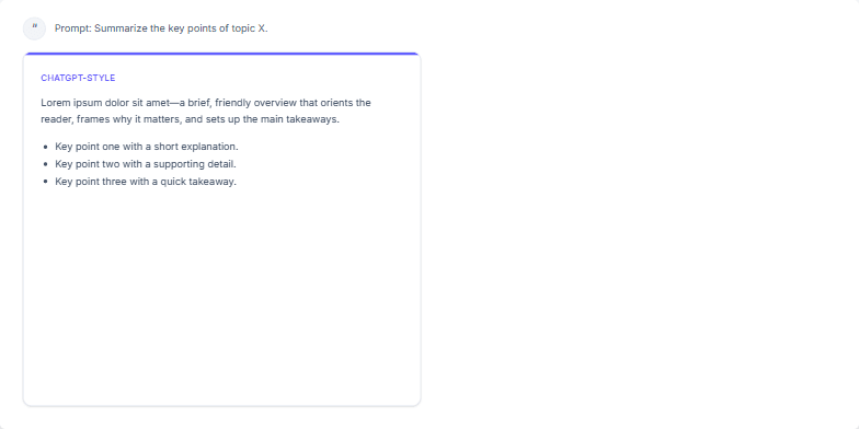 Slide comparing ChatGPT and Perplexity AI responses. ChatGPT's response is in a card with a bullet point list, while Perplexity's is a concise paragraph with source citations. Fragment #2