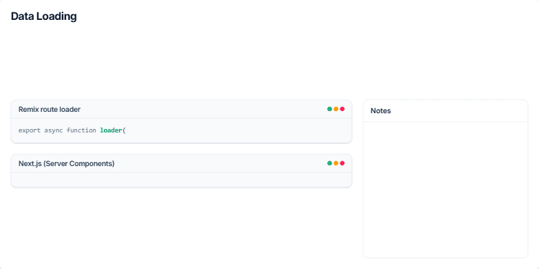 A slide titled 'Data Loading' comparing code snippets for Remix and Next.js. The left side shows a 'Remix route loader' and a 'Next.js (Server Components)' example. The right side has a 'Notes' panel with bullet points explaining the concepts. Fragment #2