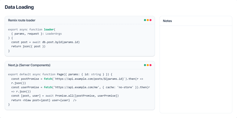 A slide titled 'Data Loading' comparing code snippets for Remix and Next.js. The left side shows a 'Remix route loader' and a 'Next.js (Server Components)' example. The right side has a 'Notes' panel with bullet points explaining the concepts. Fragment #11