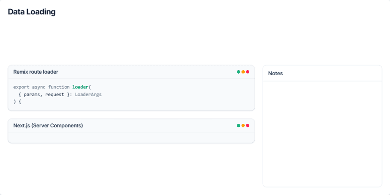 A slide titled 'Data Loading' comparing code snippets for Remix and Next.js. The left side shows a 'Remix route loader' and a 'Next.js (Server Components)' example. The right side has a 'Notes' panel with bullet points explaining the concepts. Fragment #4