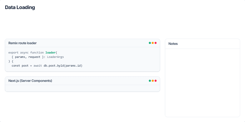 A slide titled 'Data Loading' comparing code snippets for Remix and Next.js. The left side shows a 'Remix route loader' and a 'Next.js (Server Components)' example. The right side has a 'Notes' panel with bullet points explaining the concepts. Fragment #5
