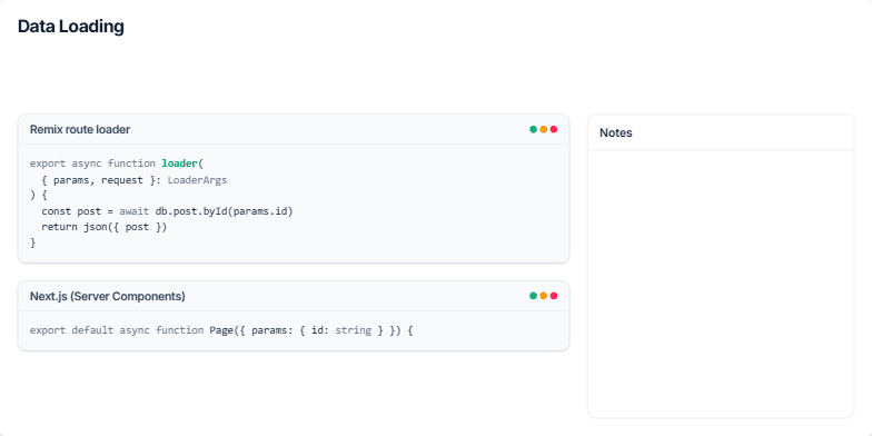A slide titled 'Data Loading' comparing code snippets for Remix and Next.js. The left side shows a 'Remix route loader' and a 'Next.js (Server Components)' example. The right side has a 'Notes' panel with bullet points explaining the concepts. Fragment #7