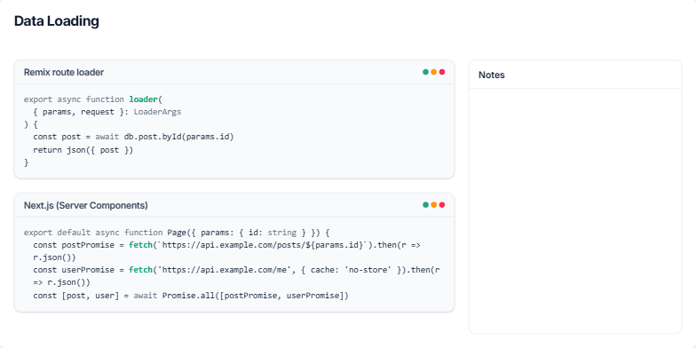 A slide titled 'Data Loading' comparing code snippets for Remix and Next.js. The left side shows a 'Remix route loader' and a 'Next.js (Server Components)' example. The right side has a 'Notes' panel with bullet points explaining the concepts. Fragment #10