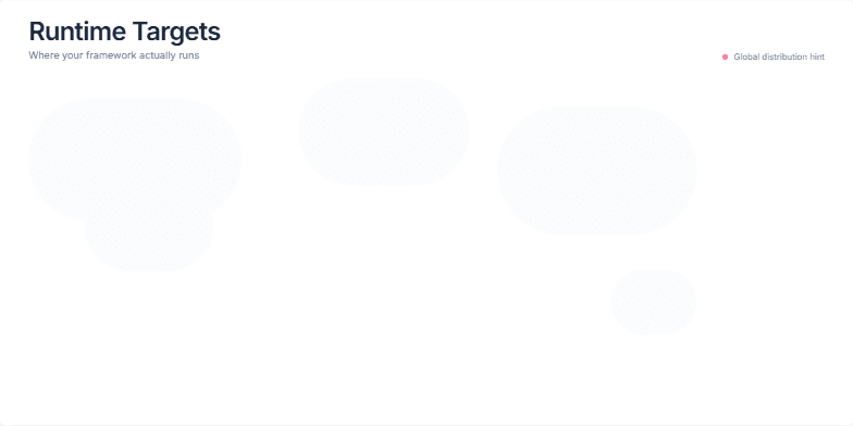 A slide titled 'Runtime Targets' comparing Remix and Next.js. On the left, a card for Remix details its adapter model for platforms like Node, Cloudflare, and Vercel. On the right, a card for Next.js highlights its optimization for Vercel and per-route runtime selection. A faint world map is in the background, with animated red pins appearing across continents to signify global distribution. Fragment #1