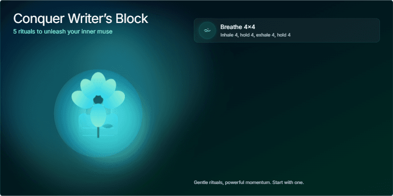 A slide titled 'Conquer Writer's Block: 5 Rituals to Unleash Your Inner Muse.' Deep blue and green watercolor washes create a serene backdrop. An animated inkwell transforms into a blossoming flower. Five icons represent rituals like breathing exercises, freewriting, changing scenes, constraint prompts, and aiming for tiny wins. Fragment #4