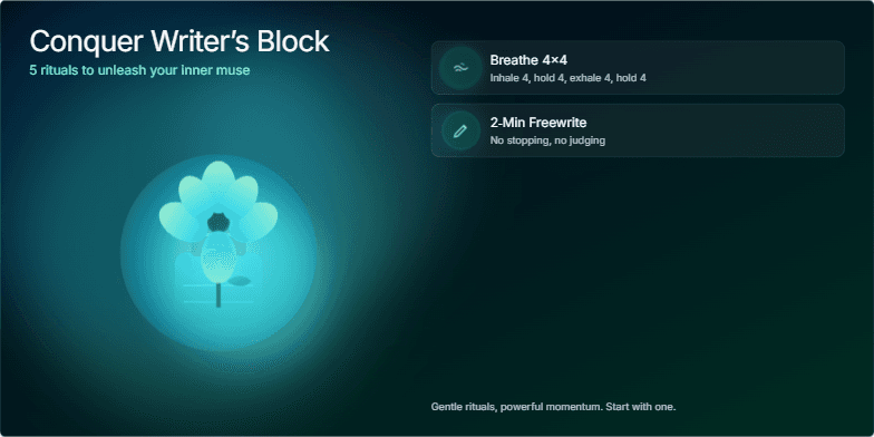 A slide titled 'Conquer Writer's Block: 5 Rituals to Unleash Your Inner Muse.' Deep blue and green watercolor washes create a serene backdrop. An animated inkwell transforms into a blossoming flower. Five icons represent rituals like breathing exercises, freewriting, changing scenes, constraint prompts, and aiming for tiny wins. Fragment #5