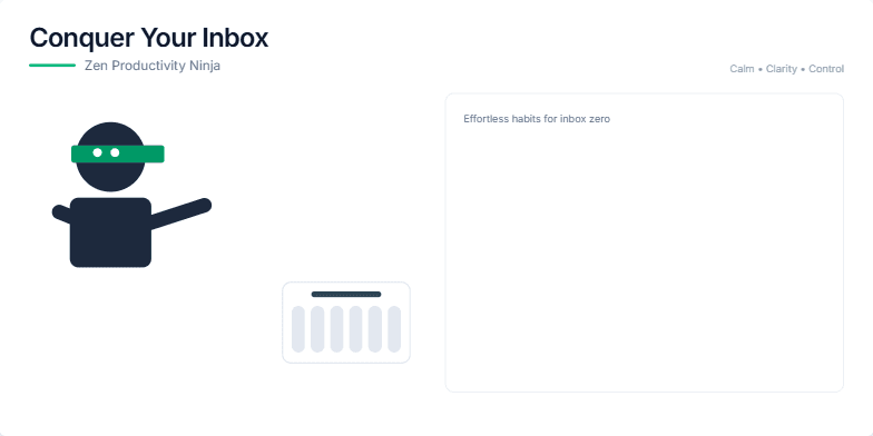 A minimalist slide with a stylized ninja throwing email icons into a shredder.  Text highlights productivity tips like the One-Touch Rule and 2-Minute Rule, promoting a calm and controlled approach to inbox zero. Fragment #2