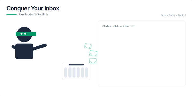 A minimalist slide with a stylized ninja throwing email icons into a shredder.  Text highlights productivity tips like the One-Touch Rule and 2-Minute Rule, promoting a calm and controlled approach to inbox zero. Fragment #3