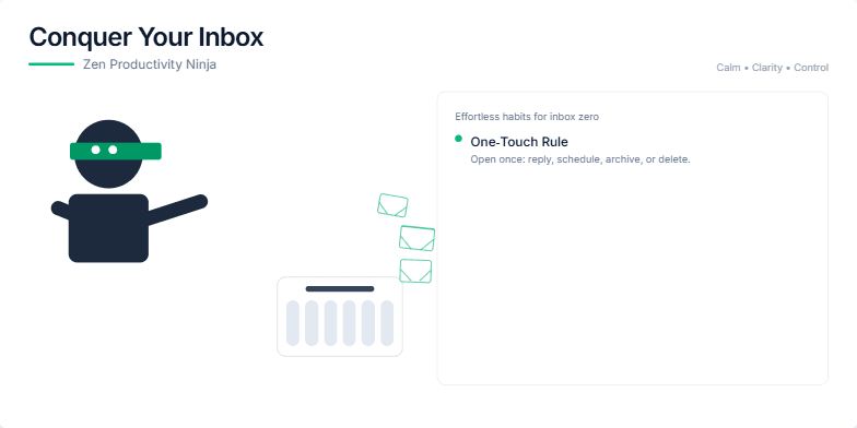 A minimalist slide with a stylized ninja throwing email icons into a shredder.  Text highlights productivity tips like the One-Touch Rule and 2-Minute Rule, promoting a calm and controlled approach to inbox zero. Fragment #4