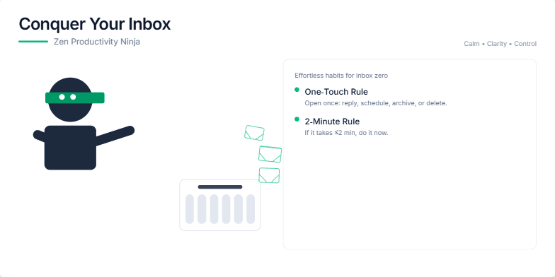 A minimalist slide with a stylized ninja throwing email icons into a shredder.  Text highlights productivity tips like the One-Touch Rule and 2-Minute Rule, promoting a calm and controlled approach to inbox zero. Fragment #5