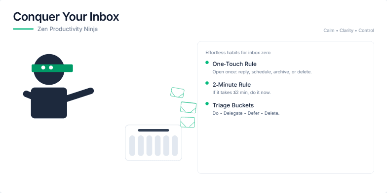 A minimalist slide with a stylized ninja throwing email icons into a shredder.  Text highlights productivity tips like the One-Touch Rule and 2-Minute Rule, promoting a calm and controlled approach to inbox zero. Fragment #6