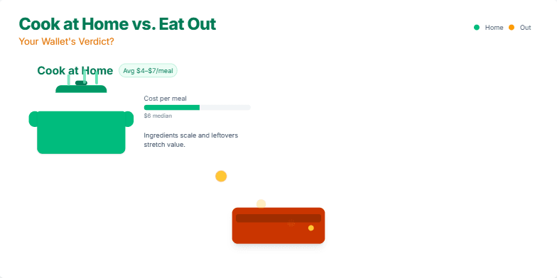 Slide comparing the cost of cooking at home versus eating out. A steaming pot and a restaurant bill are shown, with animated coins flowing towards them, representing the money spent. Bar graphs illustrate the average cost per meal for each option, with home cooking being significantly cheaper. Fragment #2
