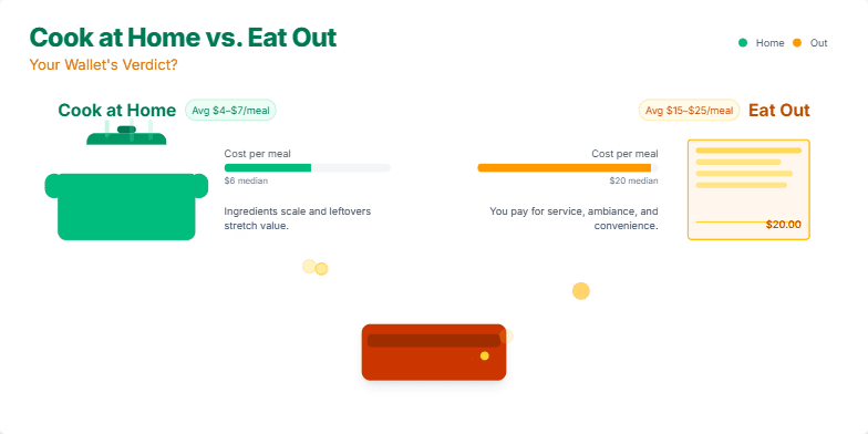 Slide comparing the cost of cooking at home versus eating out. A steaming pot and a restaurant bill are shown, with animated coins flowing towards them, representing the money spent. Bar graphs illustrate the average cost per meal for each option, with home cooking being significantly cheaper. Fragment #3