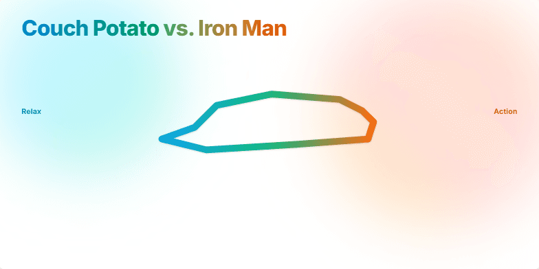 A slide with a couch morphing into a running shoe, illustrating the transition from sedentary to active, with the title 'Couch Potato vs. Iron Man: Finding Your Fitness Flow'. Fragment #1