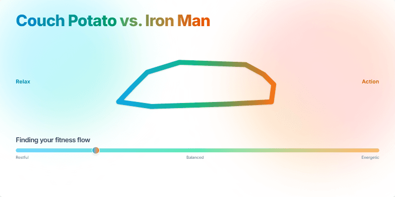 A slide with a couch morphing into a running shoe, illustrating the transition from sedentary to active, with the title 'Couch Potato vs. Iron Man: Finding Your Fitness Flow'.