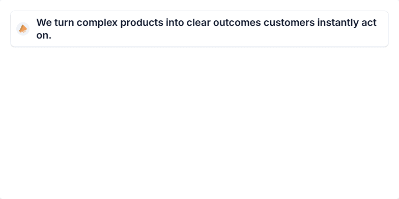 A professional business slide divided into three animated cards. The first card has a headline: 'We turn complex products into clear outcomes customers instantly act on.' The second lists 'Proof points' with three case study results. The third card presents a 'Call to action' with a primary button to book a call and a secondary button to subscribe. Fragment #1