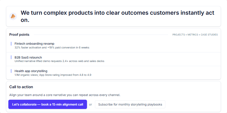 A professional business slide divided into three animated cards. The first card has a headline: 'We turn complex products into clear outcomes customers instantly act on.' The second lists 'Proof points' with three case study results. The third card presents a 'Call to action' with a primary button to book a call and a secondary button to subscribe.