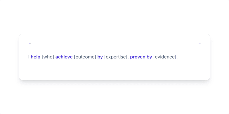 A slide presenting a formula for a professional value proposition. At the top, it reads 'I help [who] achieve [outcome] by [expertise], proven by [evidence].' Below a dividing line, three concrete examples for backend teams, ML engineers, and platform teams are listed. Fragment #1