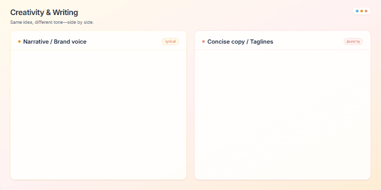 Slide showcasing two contrasting writing styles: narrative/brand voice (lyrical, warm) and concise copy/taglines (punchy, clear). Color-coded sections and distinct fonts emphasize the difference, while animations draw attention to each style. Fragment #1
