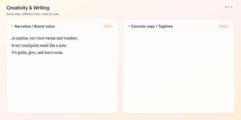 Slide showcasing two contrasting writing styles: narrative/brand voice (lyrical, warm) and concise copy/taglines (punchy, clear). Color-coded sections and distinct fonts emphasize the difference, while animations draw attention to each style. Fragment #2