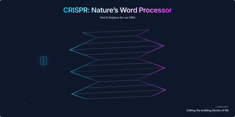 An animated educational slide about CRISPR with a dark futuristic background. In the center, a stylized, rotating DNA double helix glows with cyan and magenta. A glowing cursor icon glides along the helix, stops to highlight a magenta segment, which is then 'snipped' out and replaced by a new cyan segment, visually explaining gene editing as a 'find and replace' function.