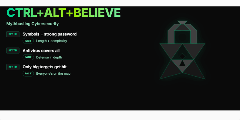 A dark-themed slide with neon green accents and a data stream background.  A low-poly padlock breaks apart and reforms.  Text reads 'Ctrl+Alt+Believe: Mythbusting Cybersecurity'.  Myths and facts about cybersecurity are presented in a dynamic, glitching style. Fragment #2