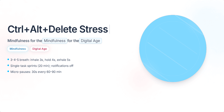 A minimalist slide with a pastel gradient background. The title 'Ctrl+Alt+Delete Stress: Mindfulness for the Digital Age' is displayed with a typing animation.  Key terms 'Mindfulness' and 'Digital Age' have a soft glow. A 3D brain model rotates, shifting from red to blue hues.  Mindfulness techniques are listed as bullet points. The overall mood is calm and optimistic.
