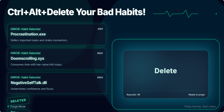 A dark-themed slide with a large, glowing 'Delete' key and glitching error messages representing bad habits, visualizing the concept of eliminating negative patterns.